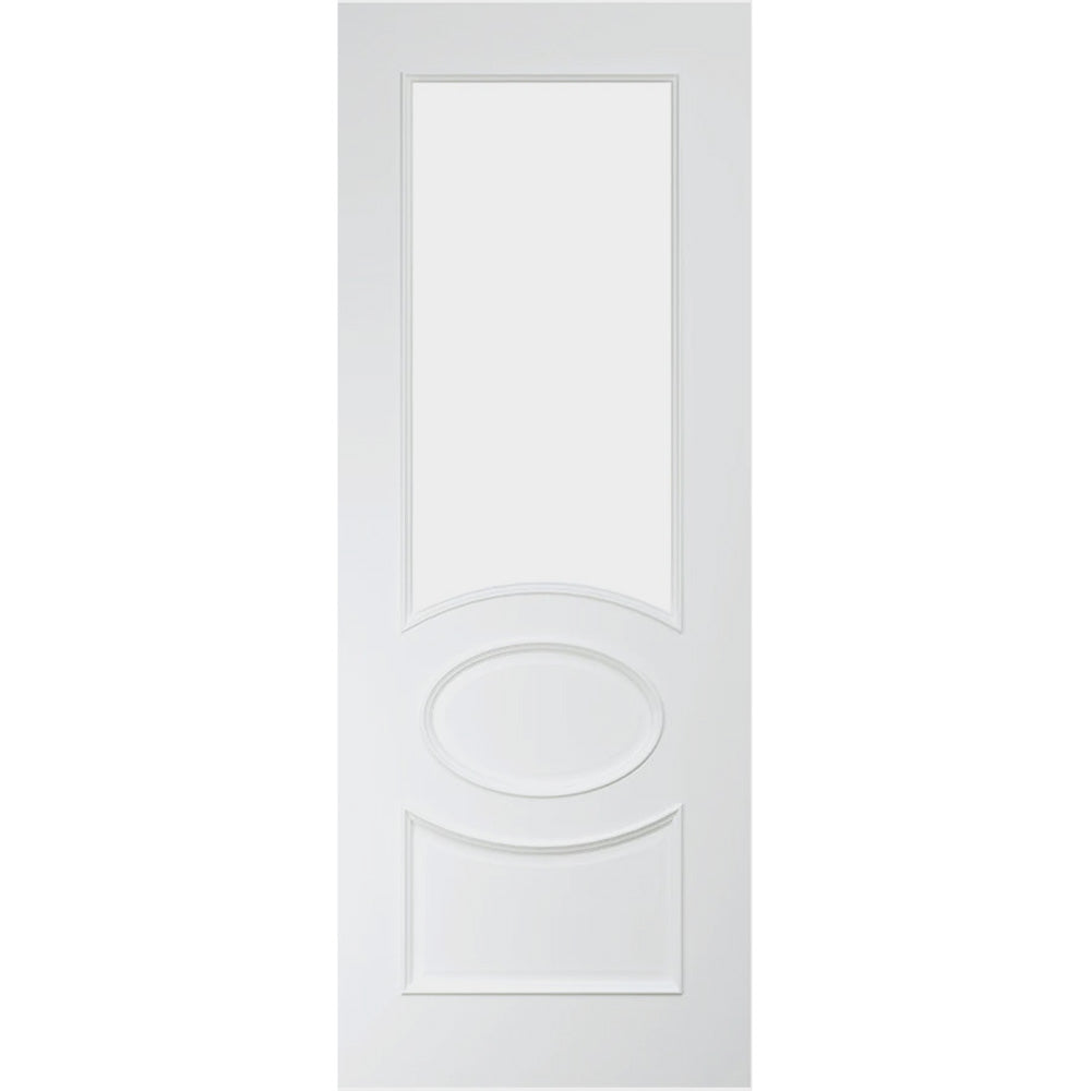White door with decorative oval cutout on a white background