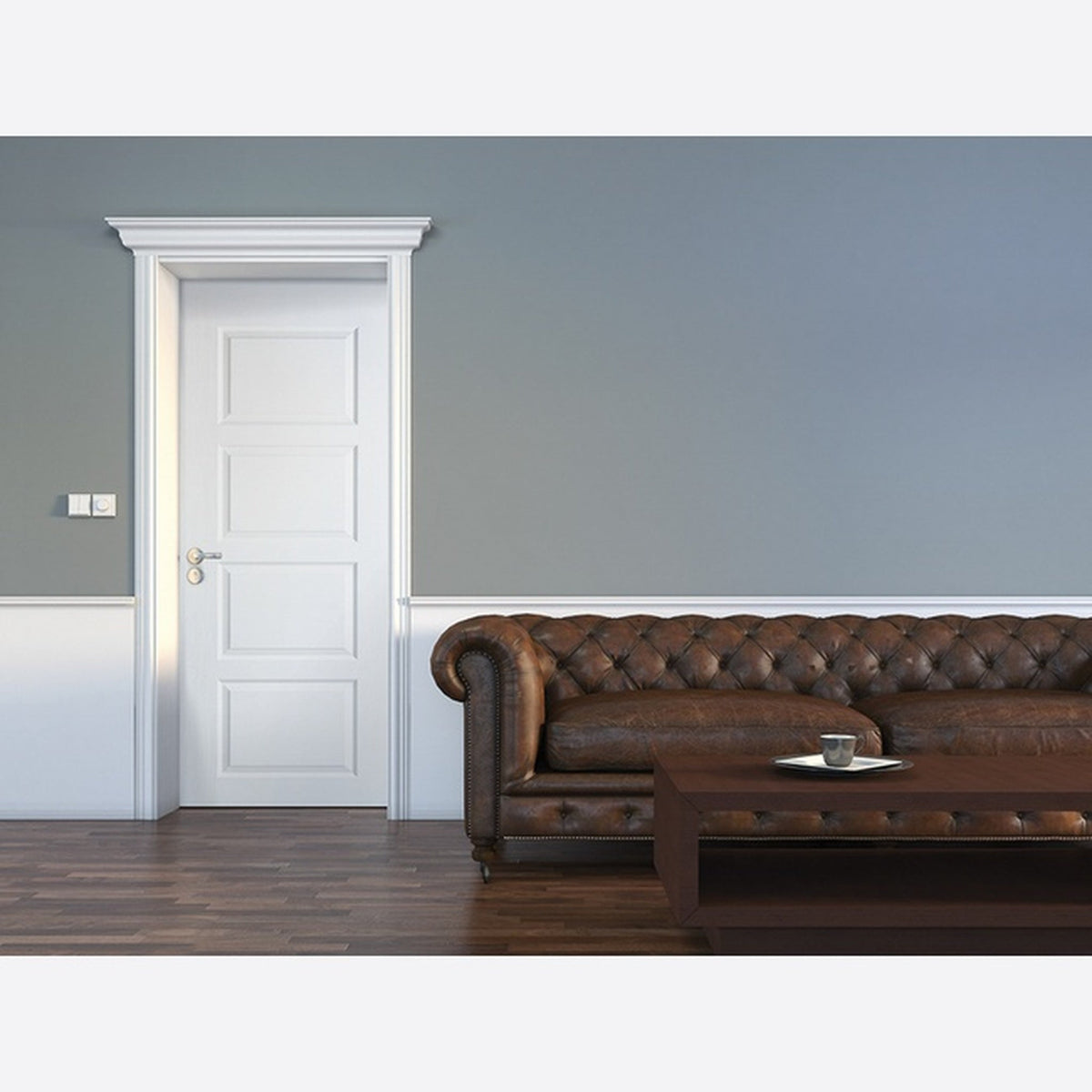 Contemporary 4 Panel White Primed Fire Door - Lifestyle Image 1