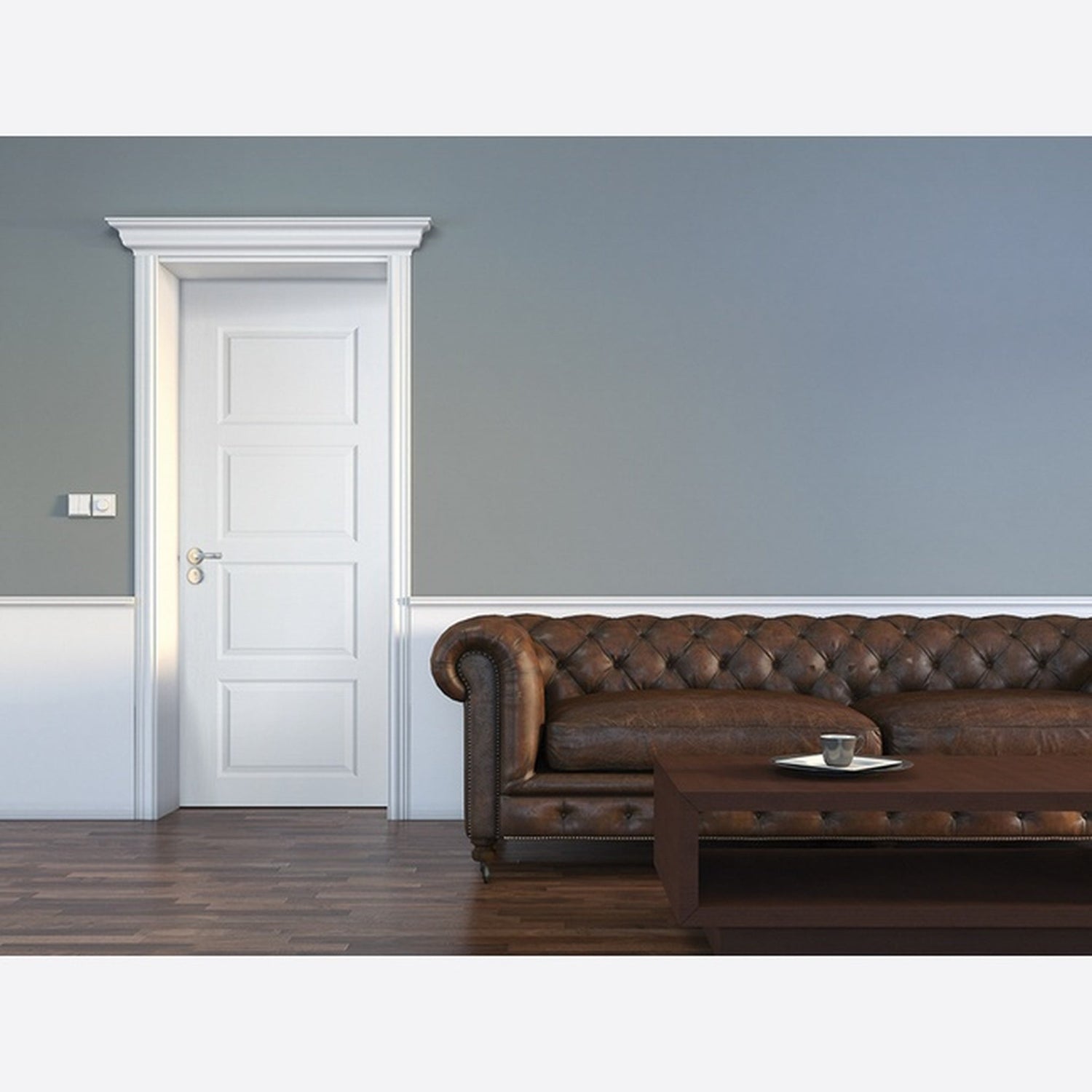 Contemporary 4 Panel White Primed Fire Door - Lifestyle Image 1