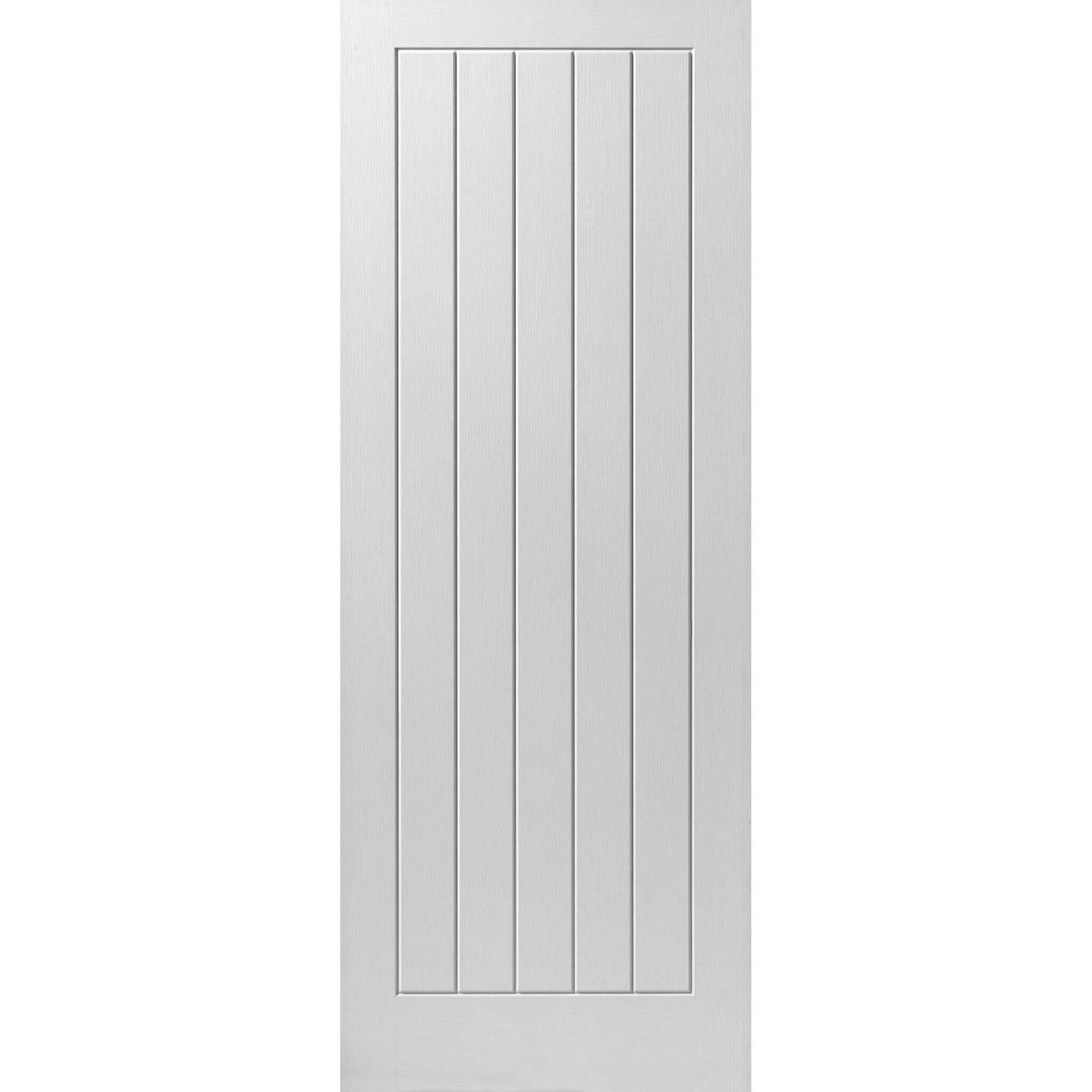 Product Cottage 5 white primed internal fire door with vertical plank panel