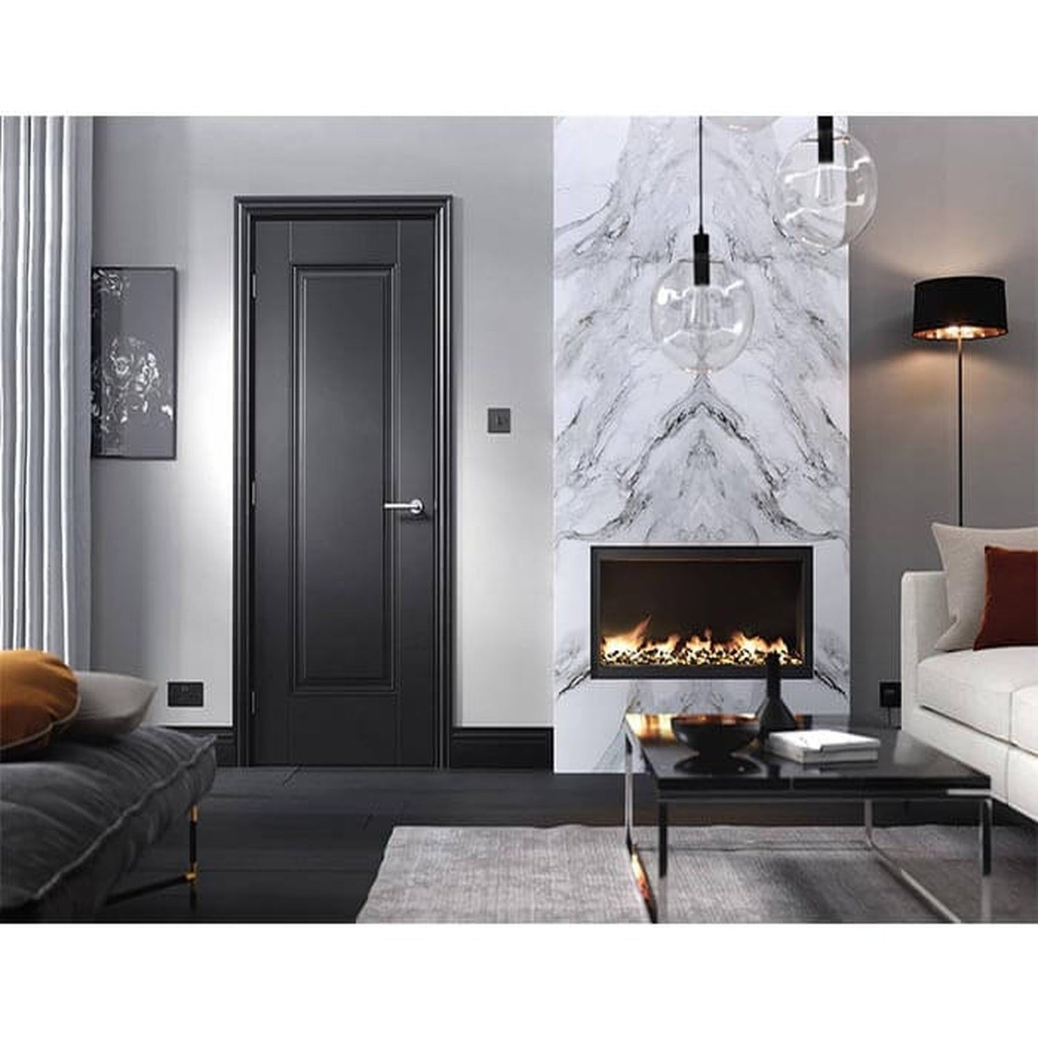 Eindhoven Black Primed 1 Panel FD30 Fire Door - Lifestyle Image 1