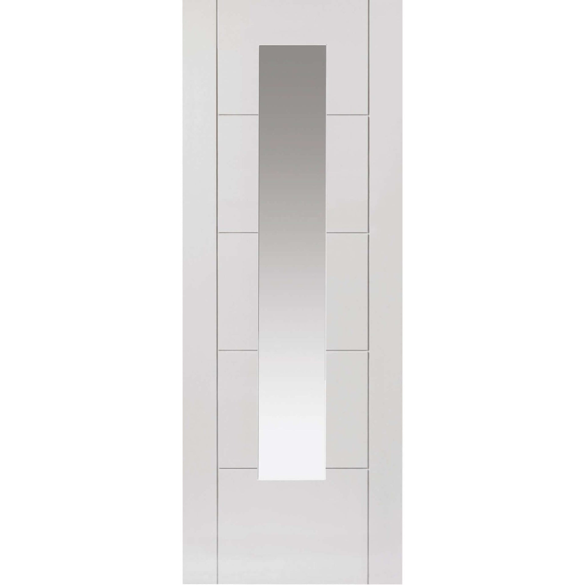 Product Emral white prefinished glazed internal door with tall clear glass panel