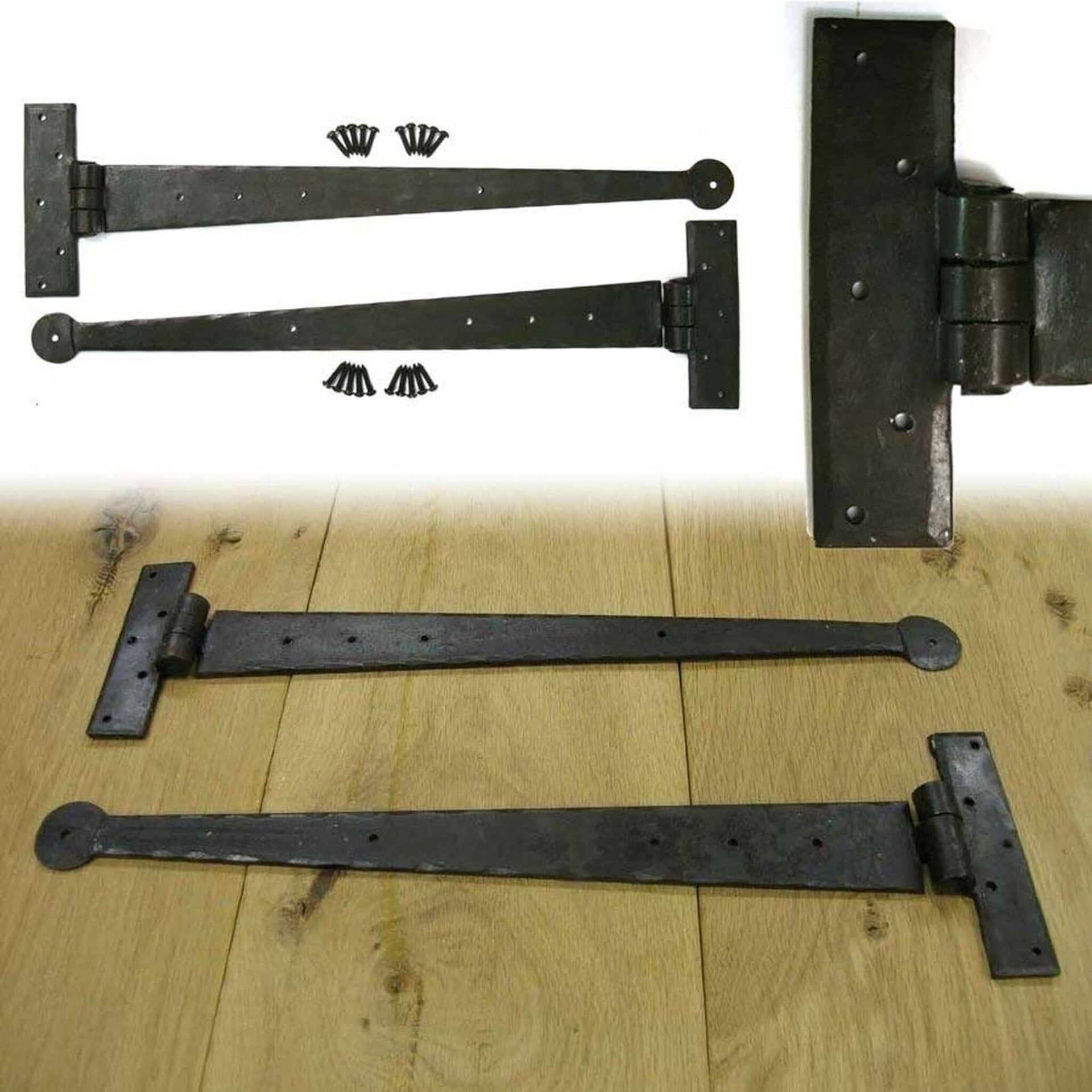 Lifestyle handforged arrowhead T hinges fitted to a timber plank door