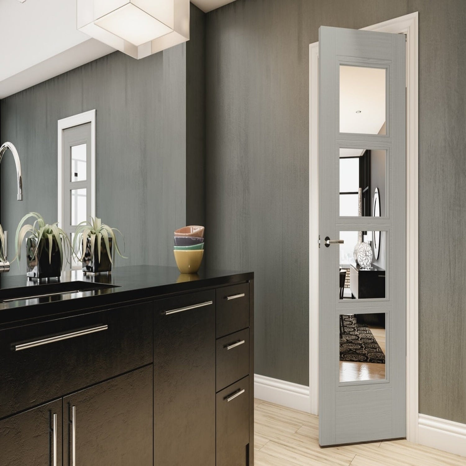Montreal Glazed Prefinished Light Grey Ash Fire Door - Lifestyle Image 1