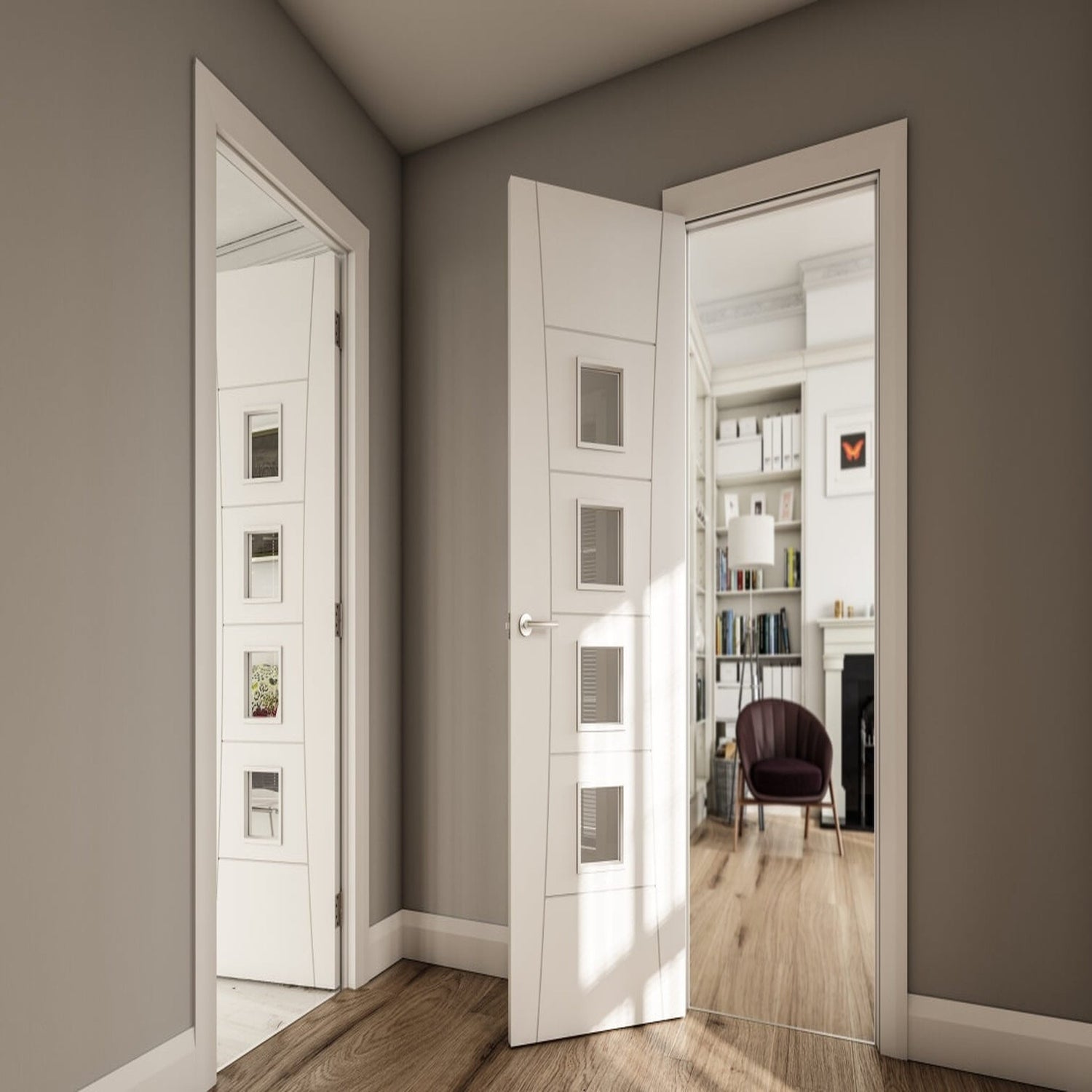 Pamplona Internal White Primed Clear Glazed Door - Lifestyle Image 1