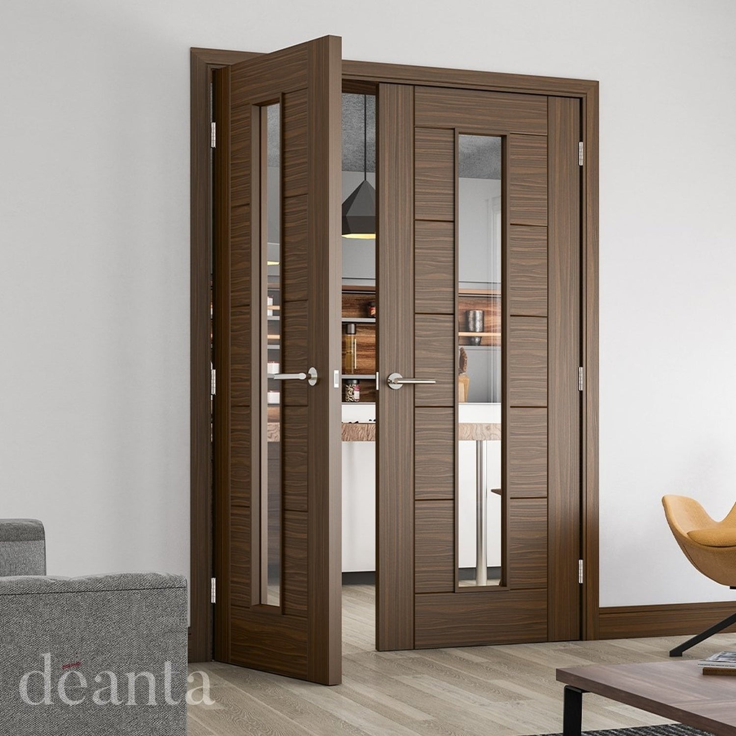 Seville Prefinished Glazed Walnut Fire Door - Lifestyle Image 1