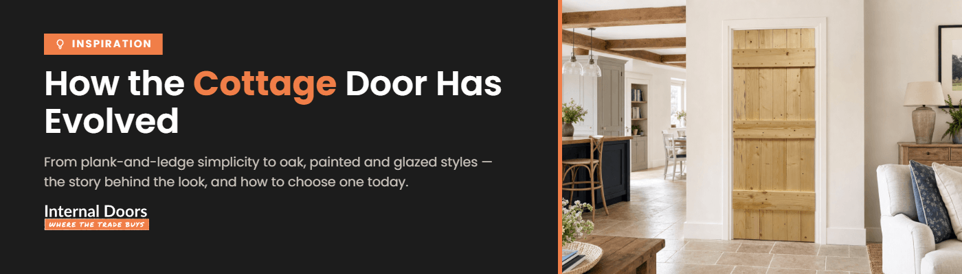Planked cottage door in a beamed country-cottage interior with a flagstone floor