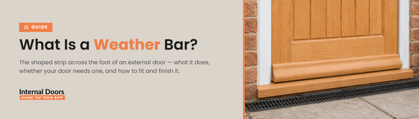 Timber weather bar fitted across the foot of an external door, throwing rain clear of the threshold