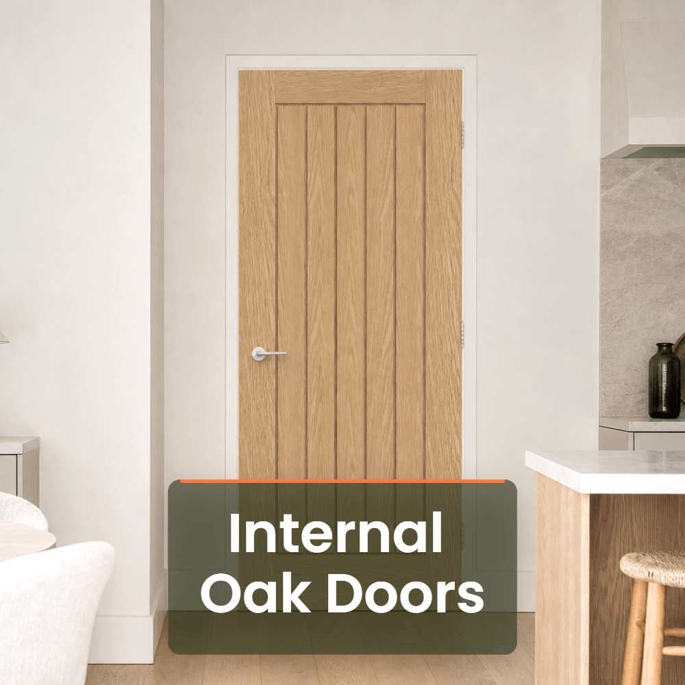 Collection of oak doors showcasing natural grain patterns on a vibrant orange background.
