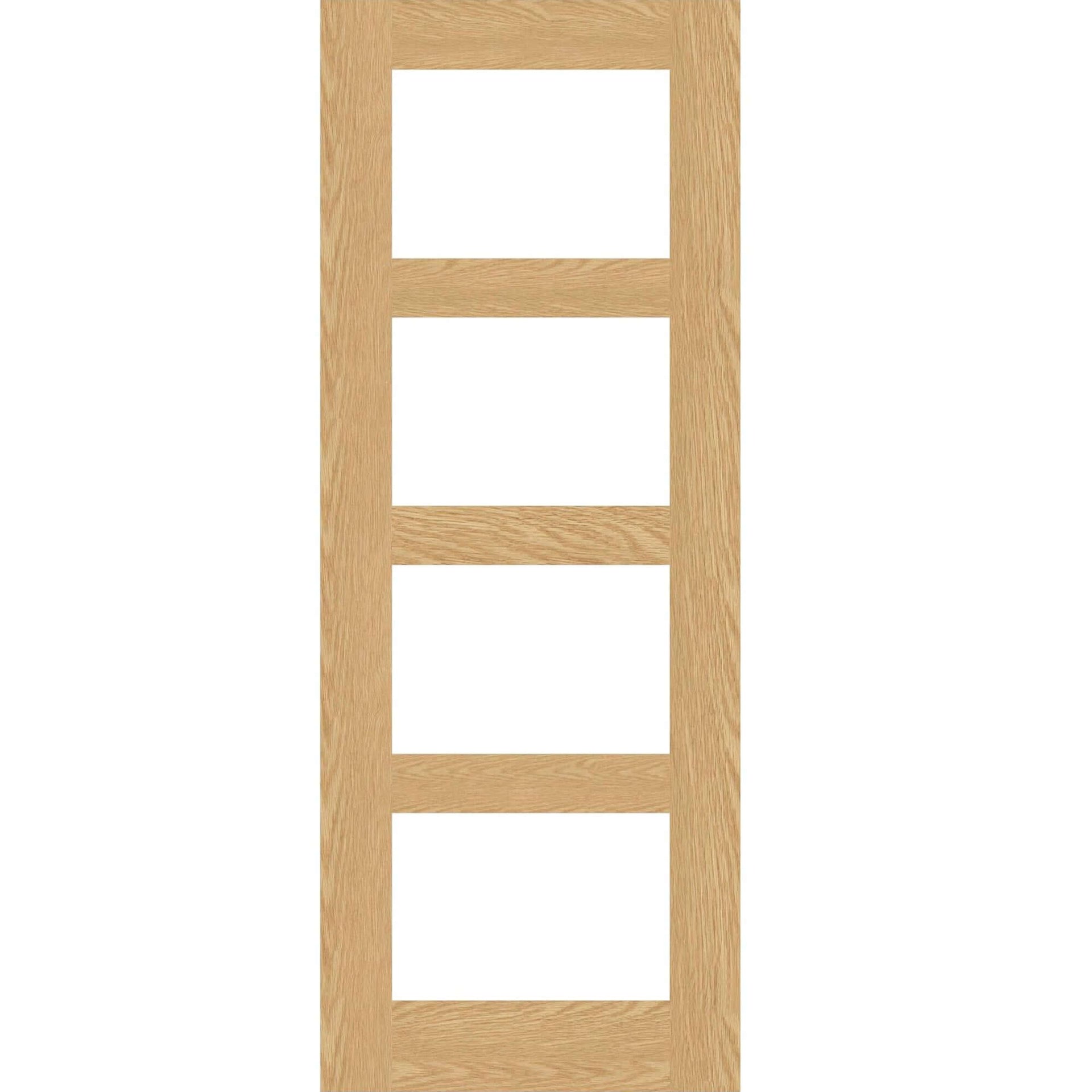 Product oak four-panel Shaker glazed internal door with clear glass panels