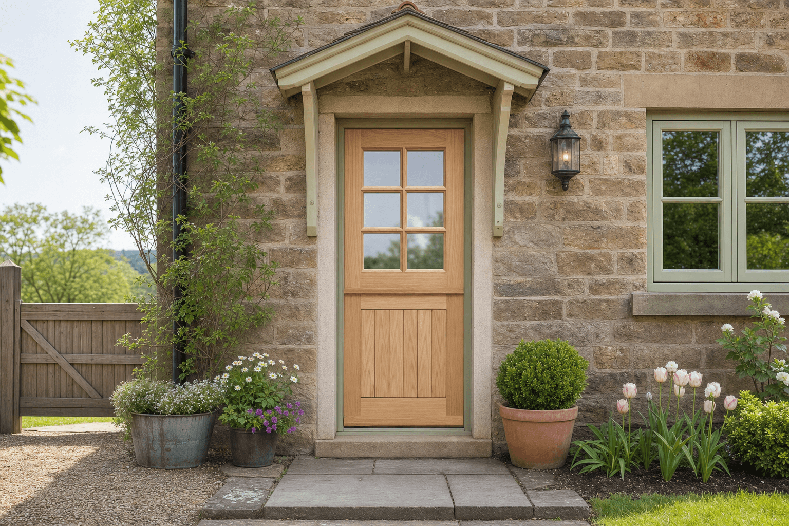 Lifestyle A light oak cottage panel front door with six glass panes in the top section, set in a stone house facade with potted plants and a garden.