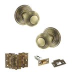 Product Old English Ripon antique brass reeded mortice door knob with matching hinges, latch and fixings