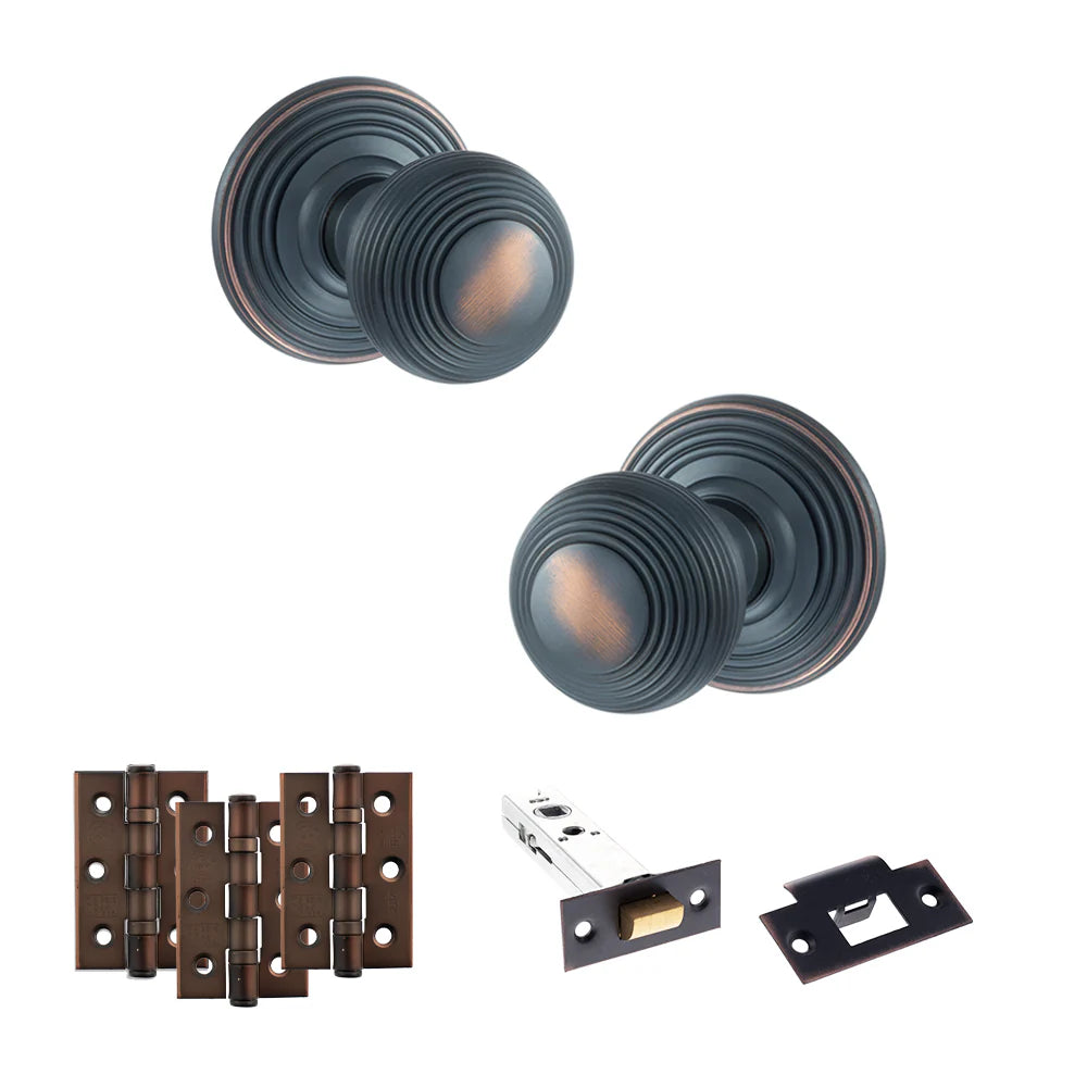 Product Old English Ripon antique copper reeded mortice door knob with matching hinges, latch and fixings