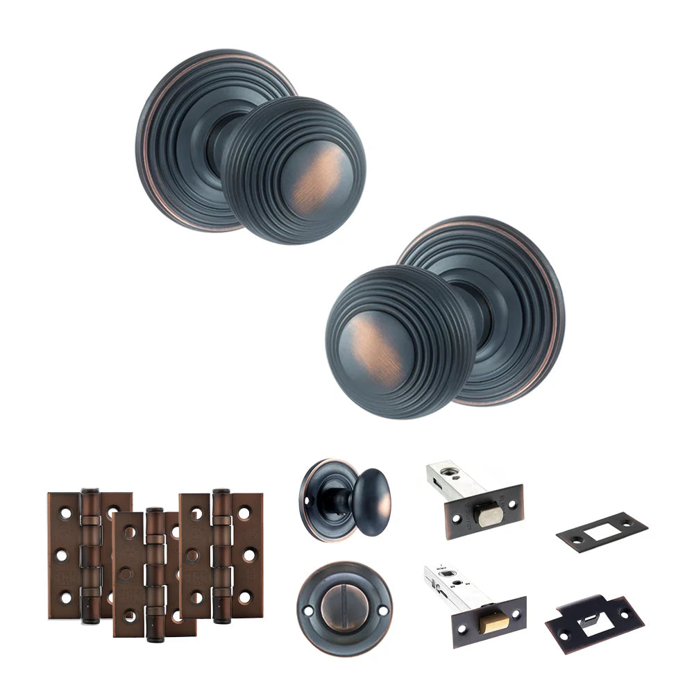 Product Old English Ripon antique copper reeded mortice door knob with matching hinges, latch and fixings