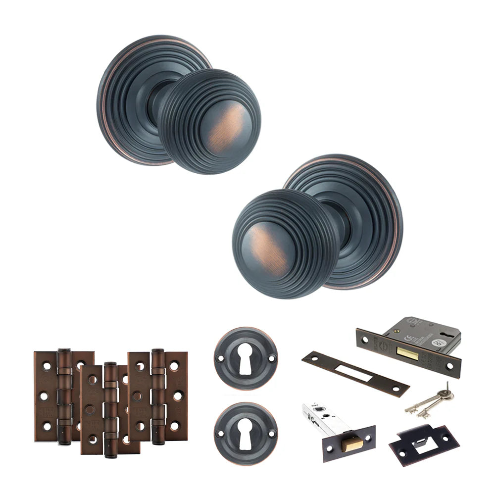 Product Old English Ripon antique copper reeded mortice door knob with matching hinges, latch and fixings