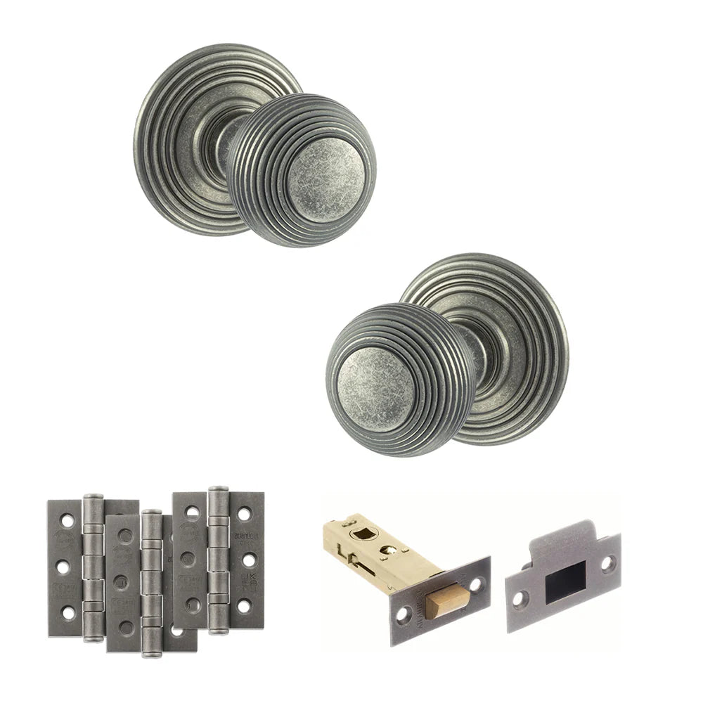 Product Old English Ripon distressed silver reeded mortice door knob with matching hinges, latch and fixings