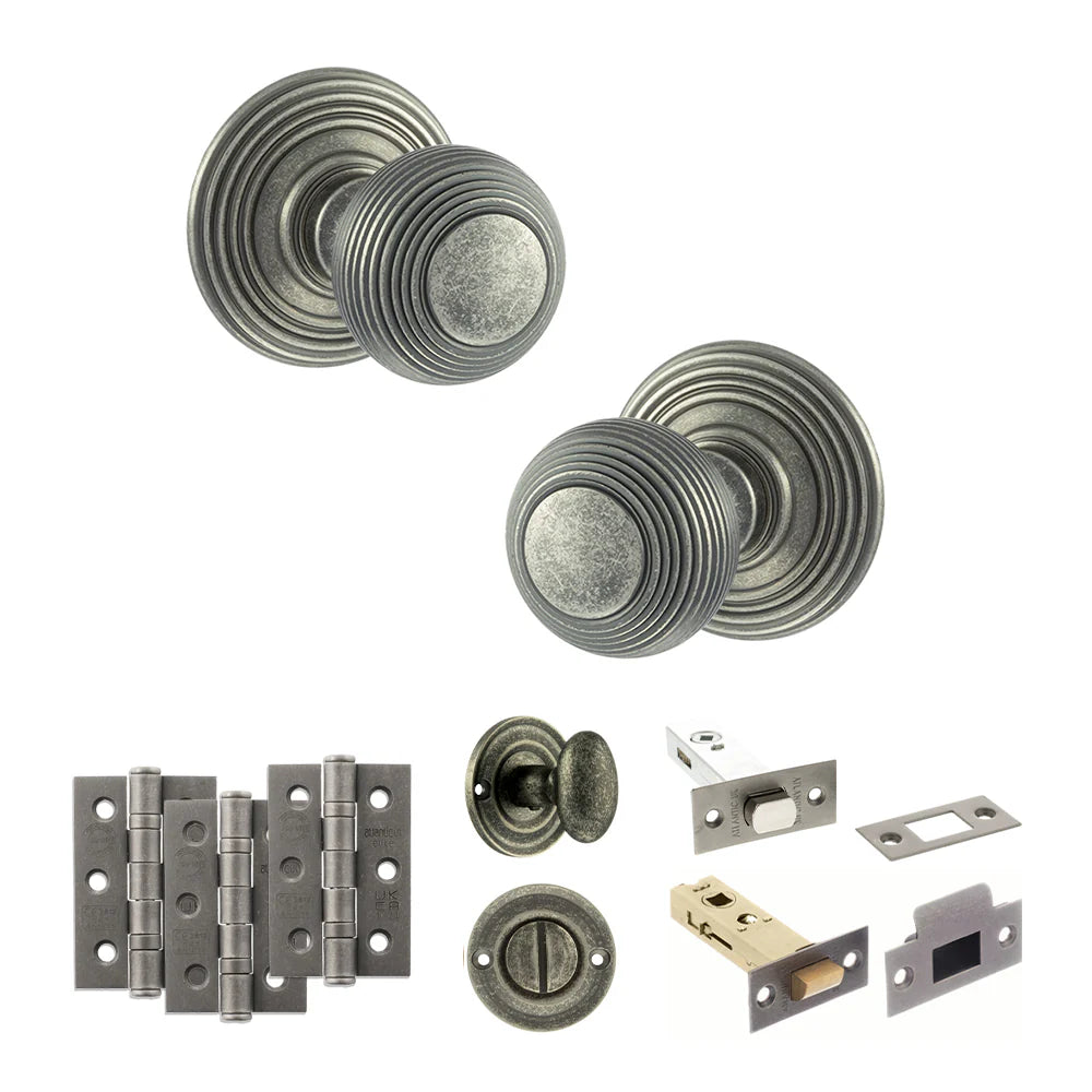 Product Old English Ripon distressed silver reeded mortice door knob with matching hinges, latch and fixings