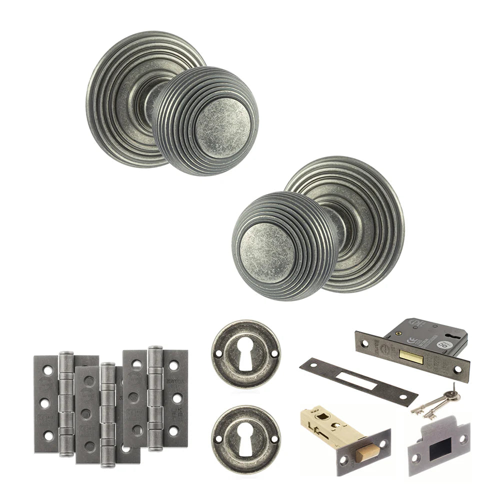 Product Old English Ripon distressed silver reeded mortice door knob with matching hinges, latch and fixings