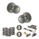 Product Old English Ripon distressed silver reeded mortice door knob with matching hinges, latch and fixings