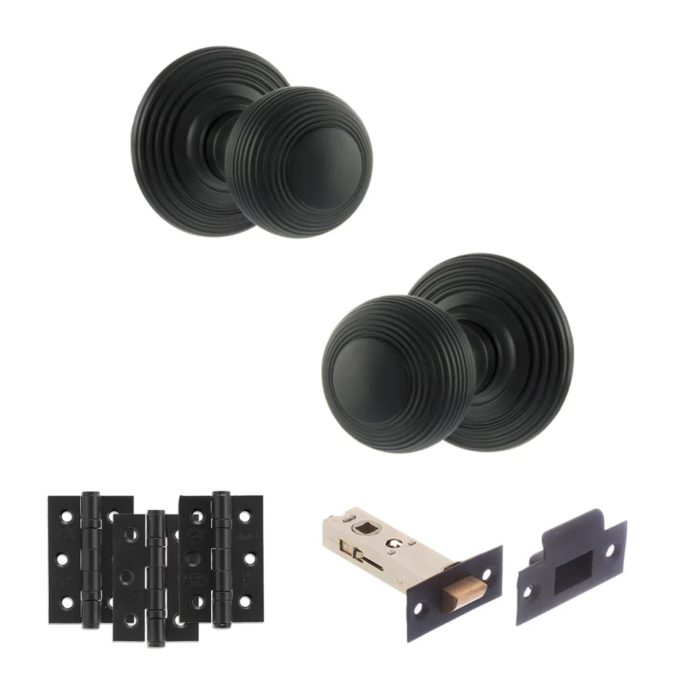 Product Old English Ripon matt black reeded mortice door knob with matching hinges, latch and fixings