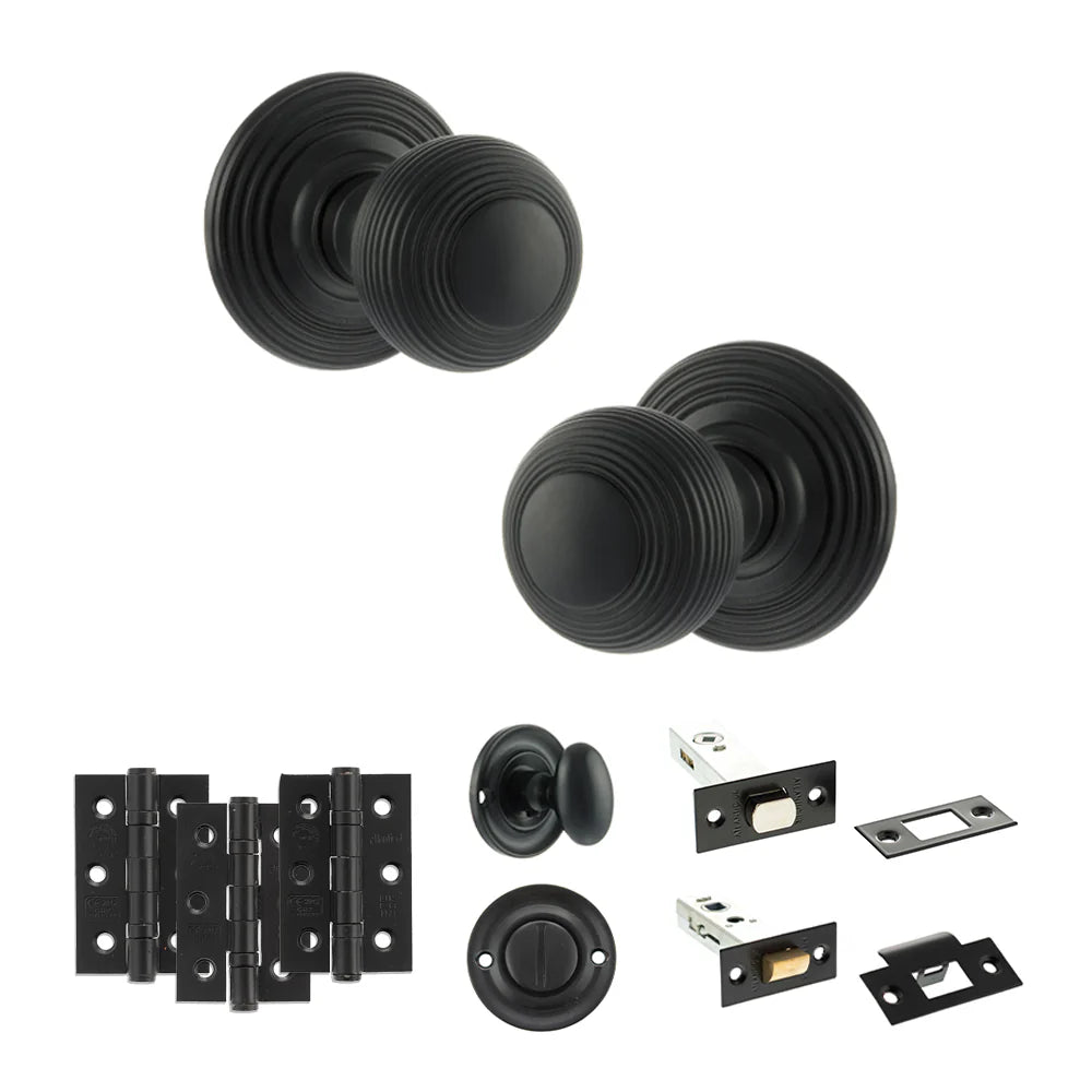 Product Old English Ripon matt black reeded mortice door knob with matching hinges, latch and fixings