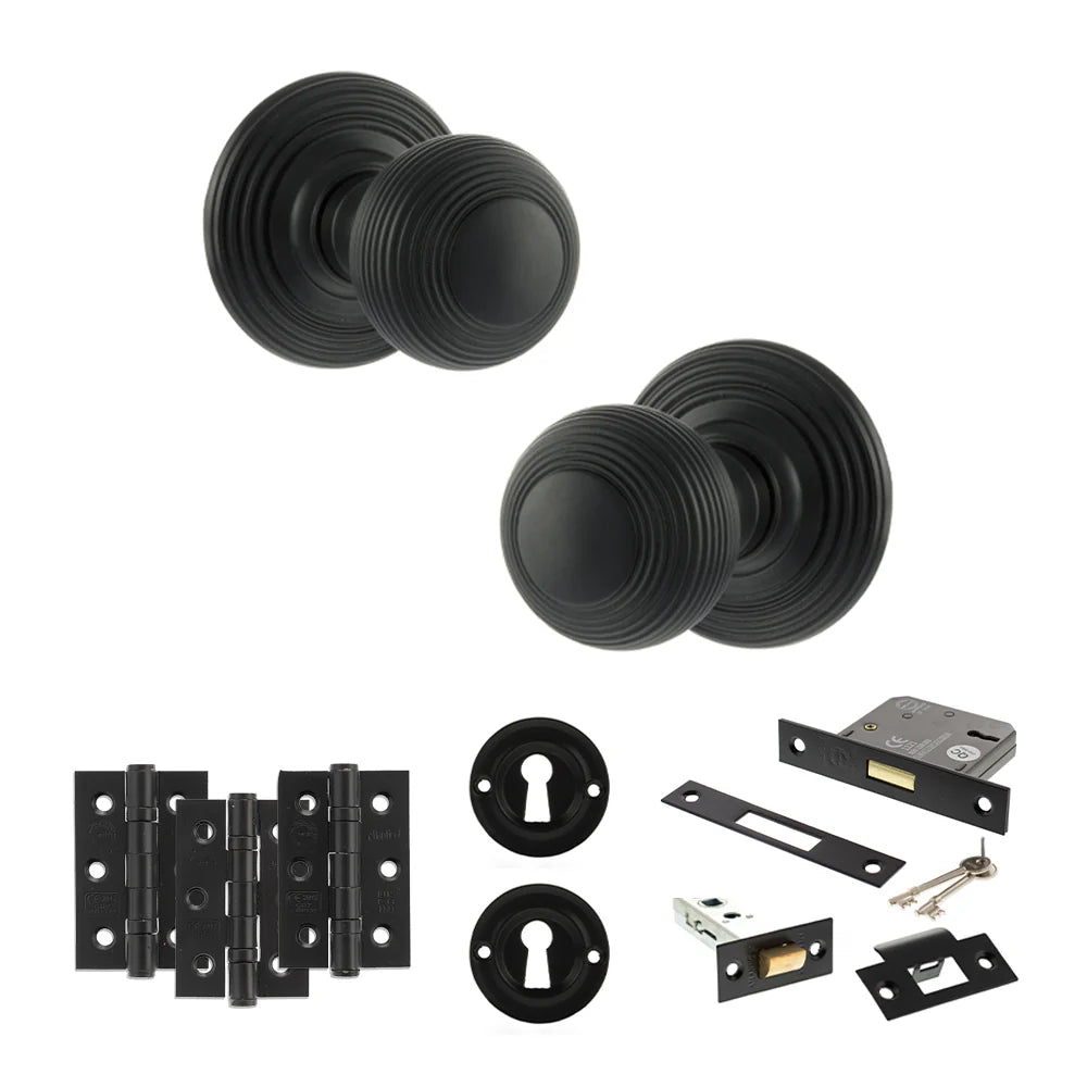 Product Old English Ripon matt black reeded mortice door knob with matching hinges, latch and fixings