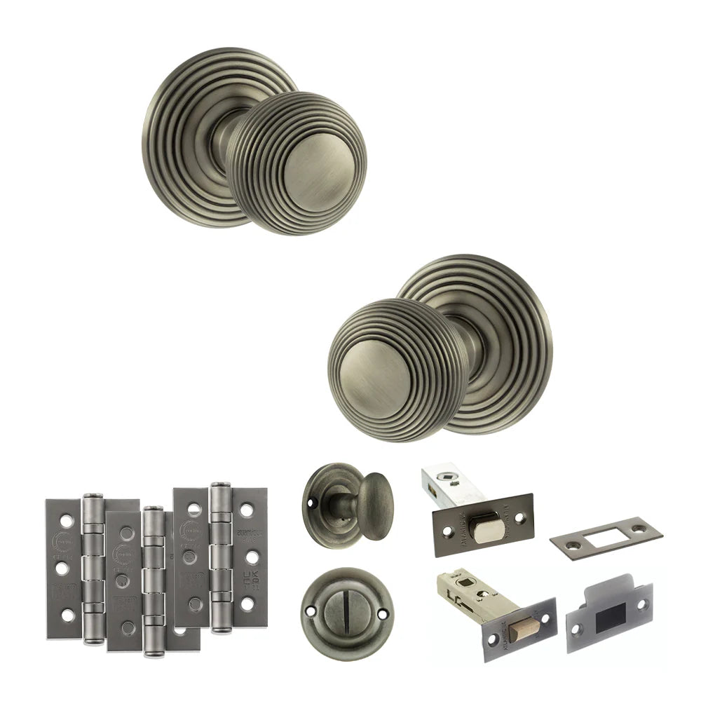 Product Old English Ripon matt gun metal reeded mortice door knob with matching hinges, latch and fixings