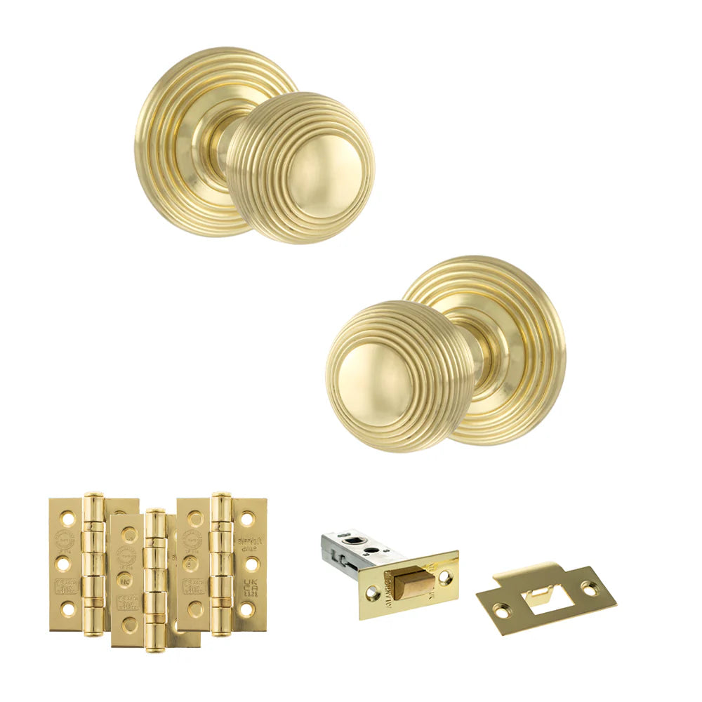 Product Old English Ripon polished brass reeded mortice door knob with matching hinges, latch and fixings