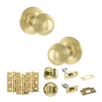 Product Old English Ripon polished brass reeded mortice door knob with matching hinges, latch and fixings