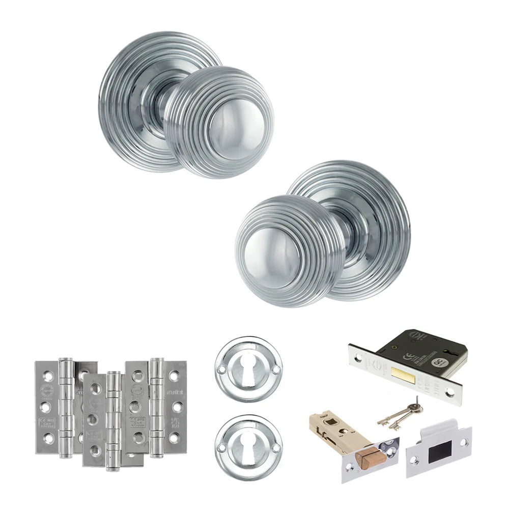 Product Old English Ripon polished chrome reeded mortice door knob with matching hinges, latch and fixings