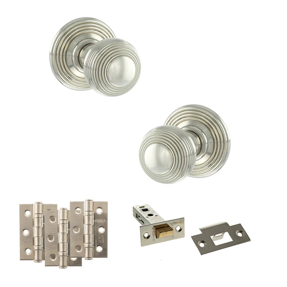 Product Old English Ripon polished nickel reeded mortice door knob with matching hinges, latch and fixings