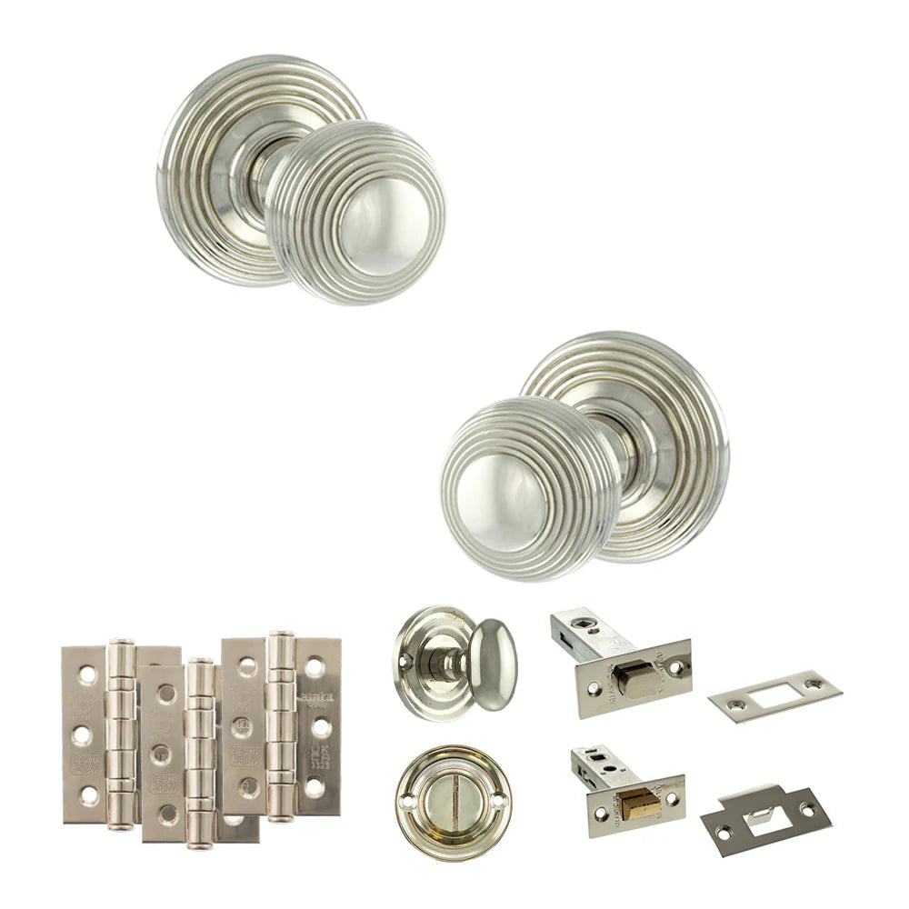 Product Old English Ripon polished nickel reeded mortice door knob with matching hinges, latch and fixings