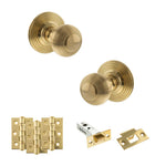 Product Old English Ripon raw brass reeded mortice door knob with matching hinges, latch and fixings