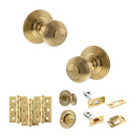 Product Old English Ripon raw brass reeded mortice door knob with matching hinges, latch and fixings