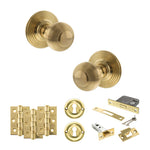 Product Old English Ripon raw brass reeded mortice door knob with matching hinges, latch and fixings