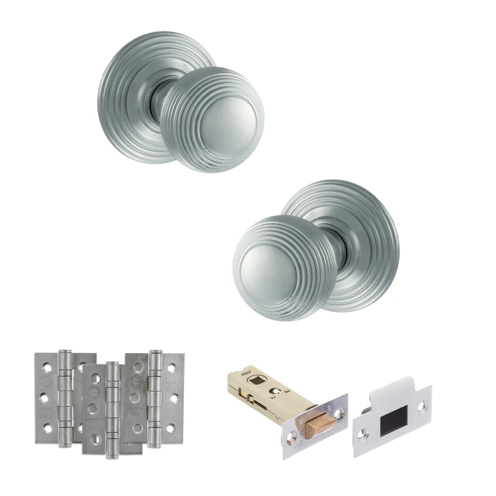 Product Old English Ripon satin chrome reeded mortice door knob with matching hinges, latch and fixings