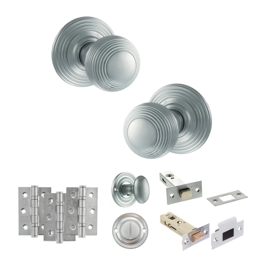 Product Old English Ripon satin chrome reeded mortice door knob with matching hinges, latch and fixings