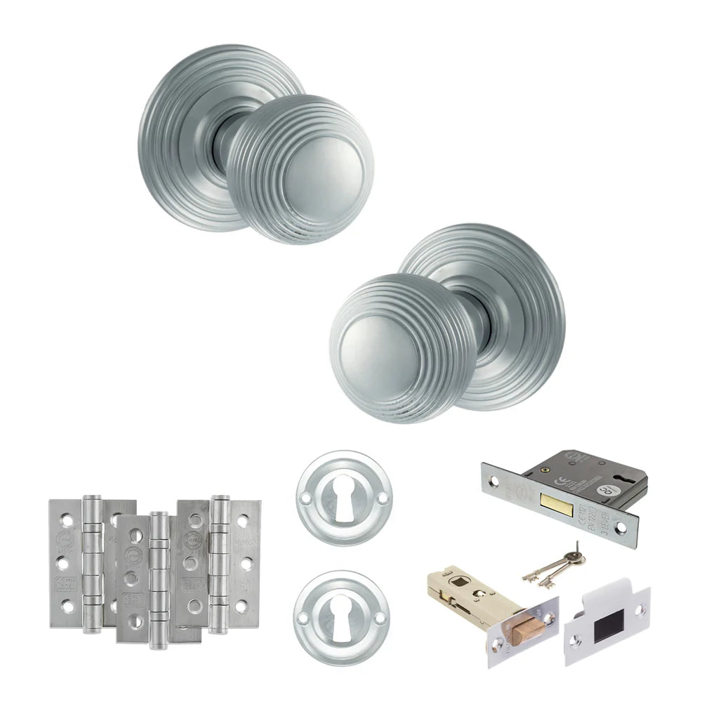 Product Old English Ripon satin chrome reeded mortice door knob with matching hinges, latch and fixings
