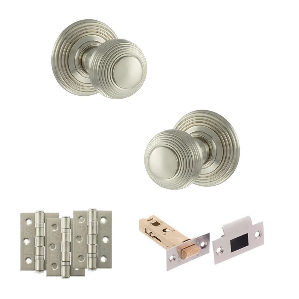 Product Old English Ripon satin nickel reeded mortice door knob with matching hinges, latch and fixings