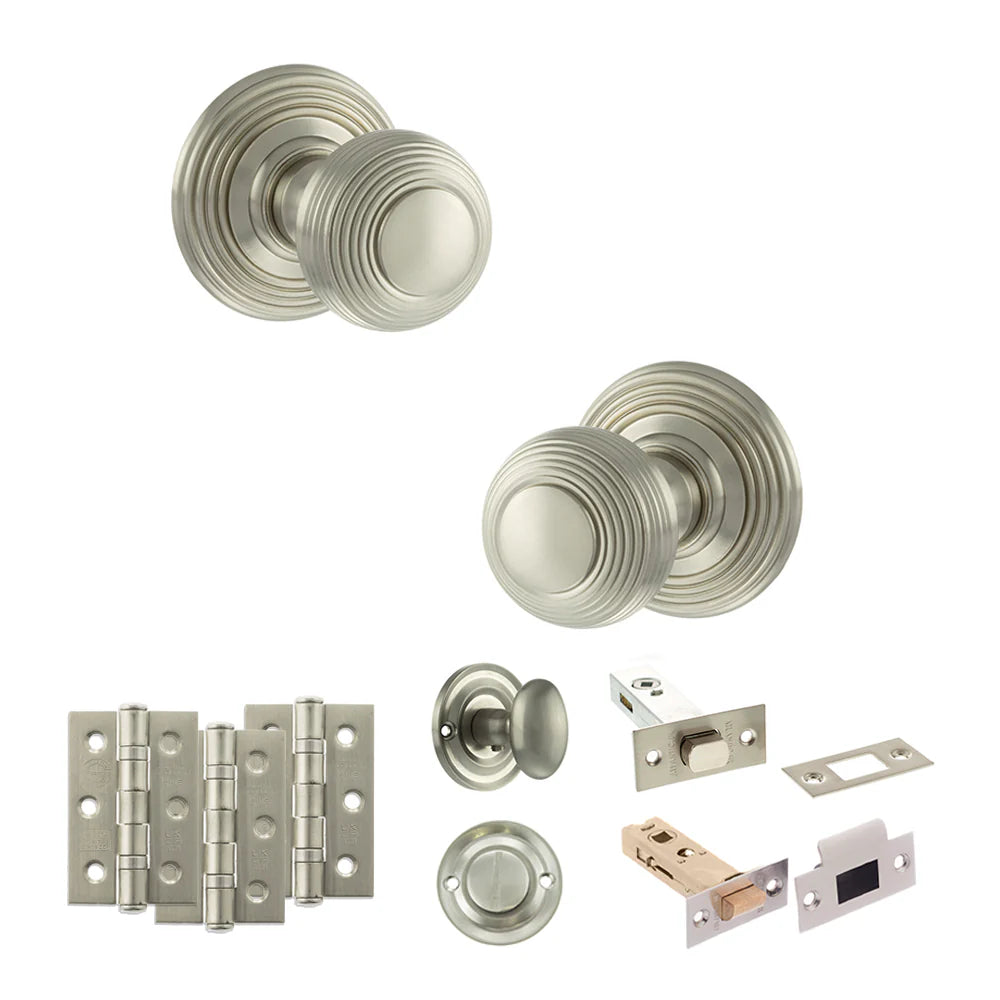 Product Old English Ripon satin nickel reeded mortice door knob with matching hinges, latch and fixings