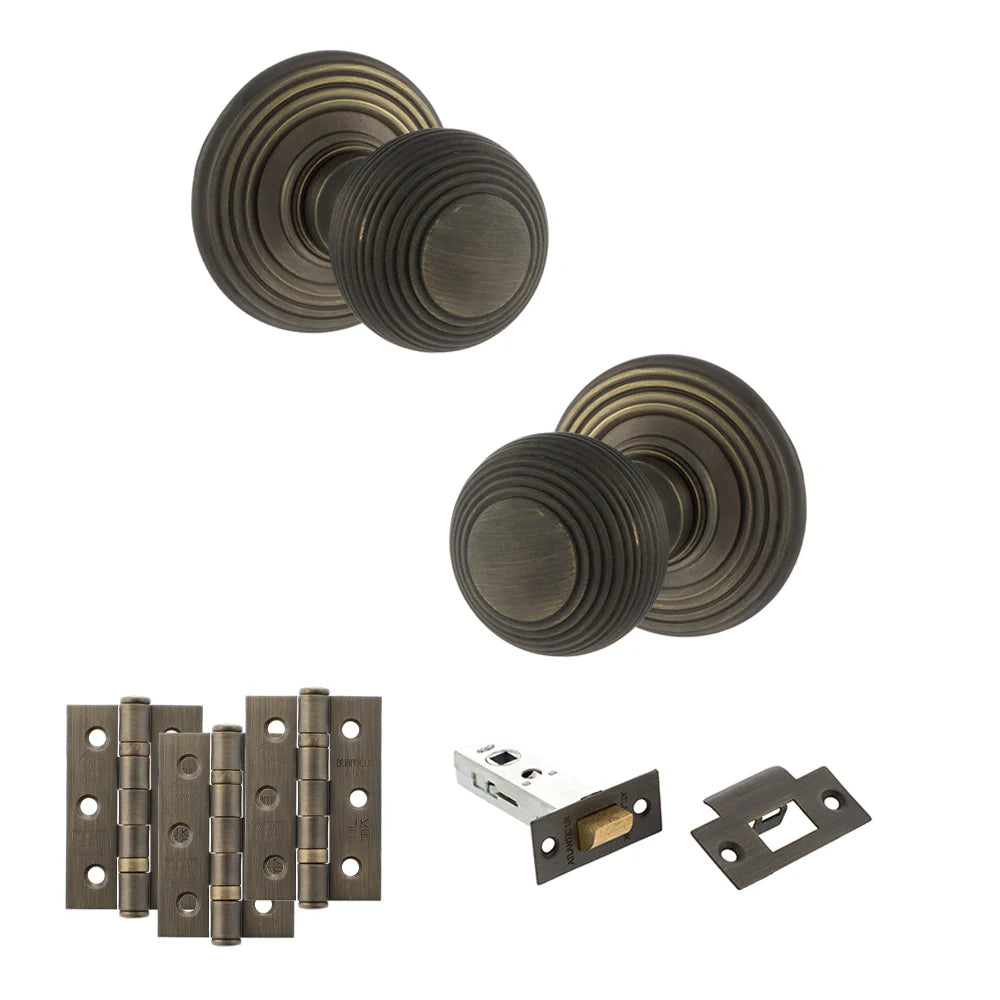 Product Old English Ripon urban bronze reeded mortice door knob with matching hinges, latch and fixings