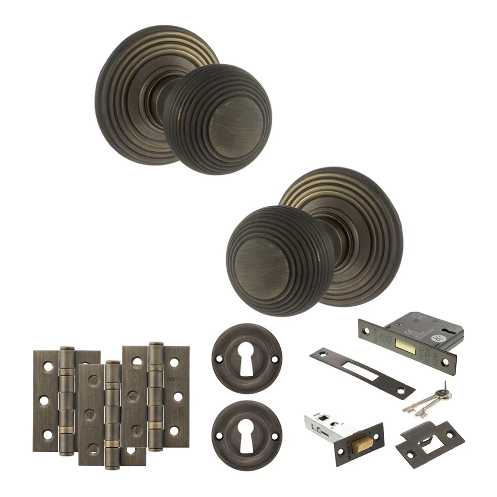 Product Old English Ripon urban bronze reeded mortice door knob with matching hinges, latch and fixings