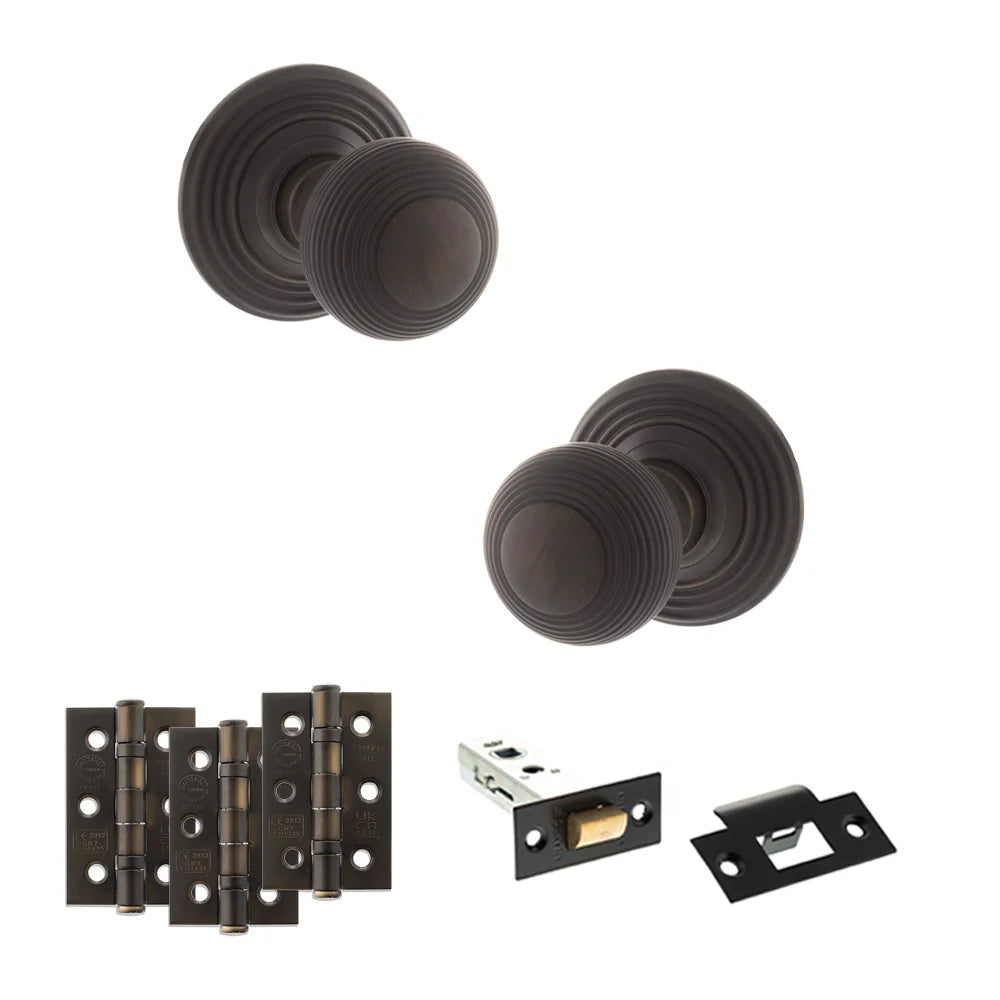 Product Old English Ripon urban dark bronze reeded mortice door knob with matching hinges, latch and fixings