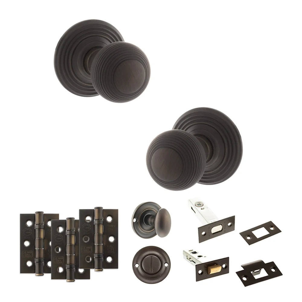 Product Old English Ripon urban dark bronze reeded mortice door knob with matching hinges, latch and fixings