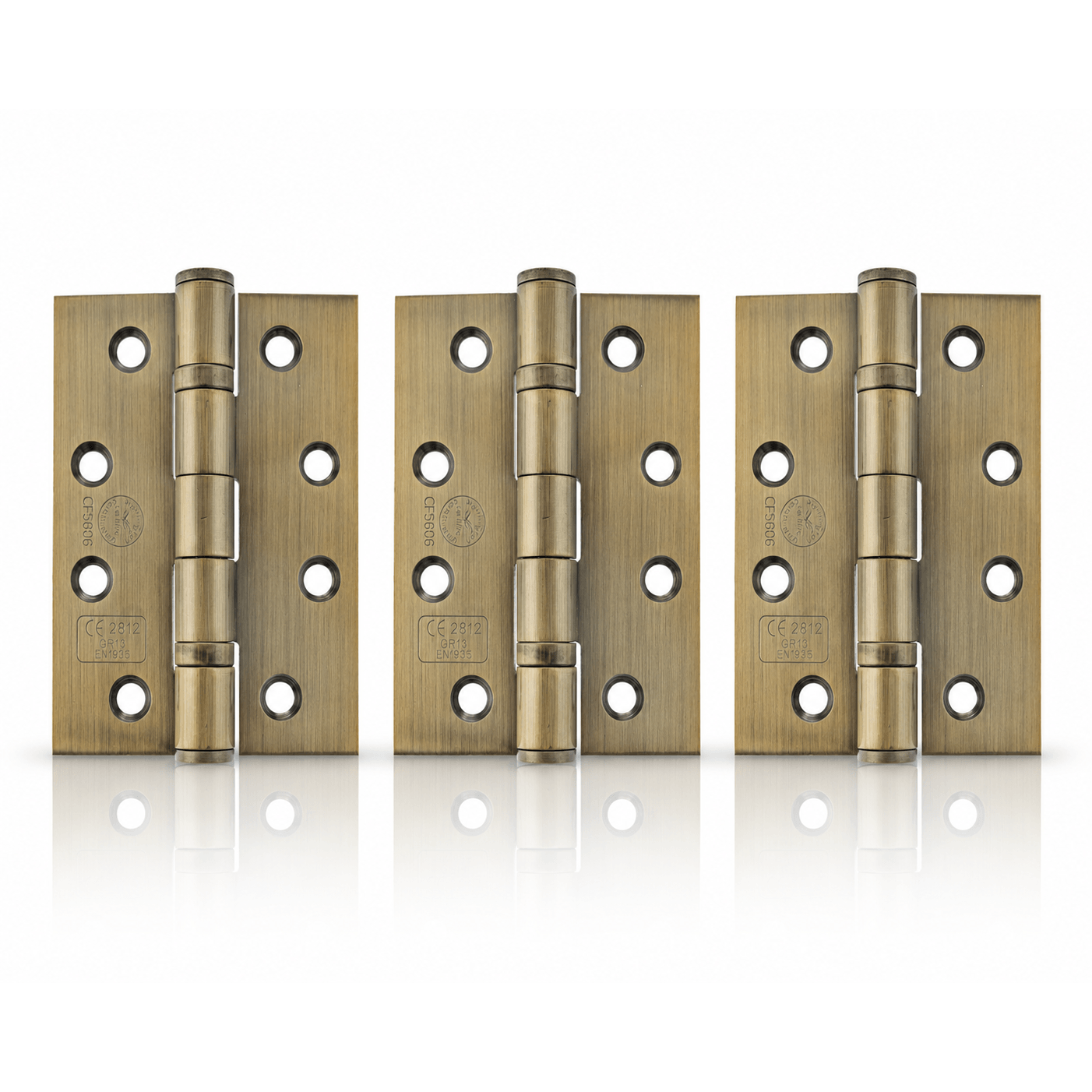 Product Three brass hinges shown side by side on a white background with a subtle reflection below.