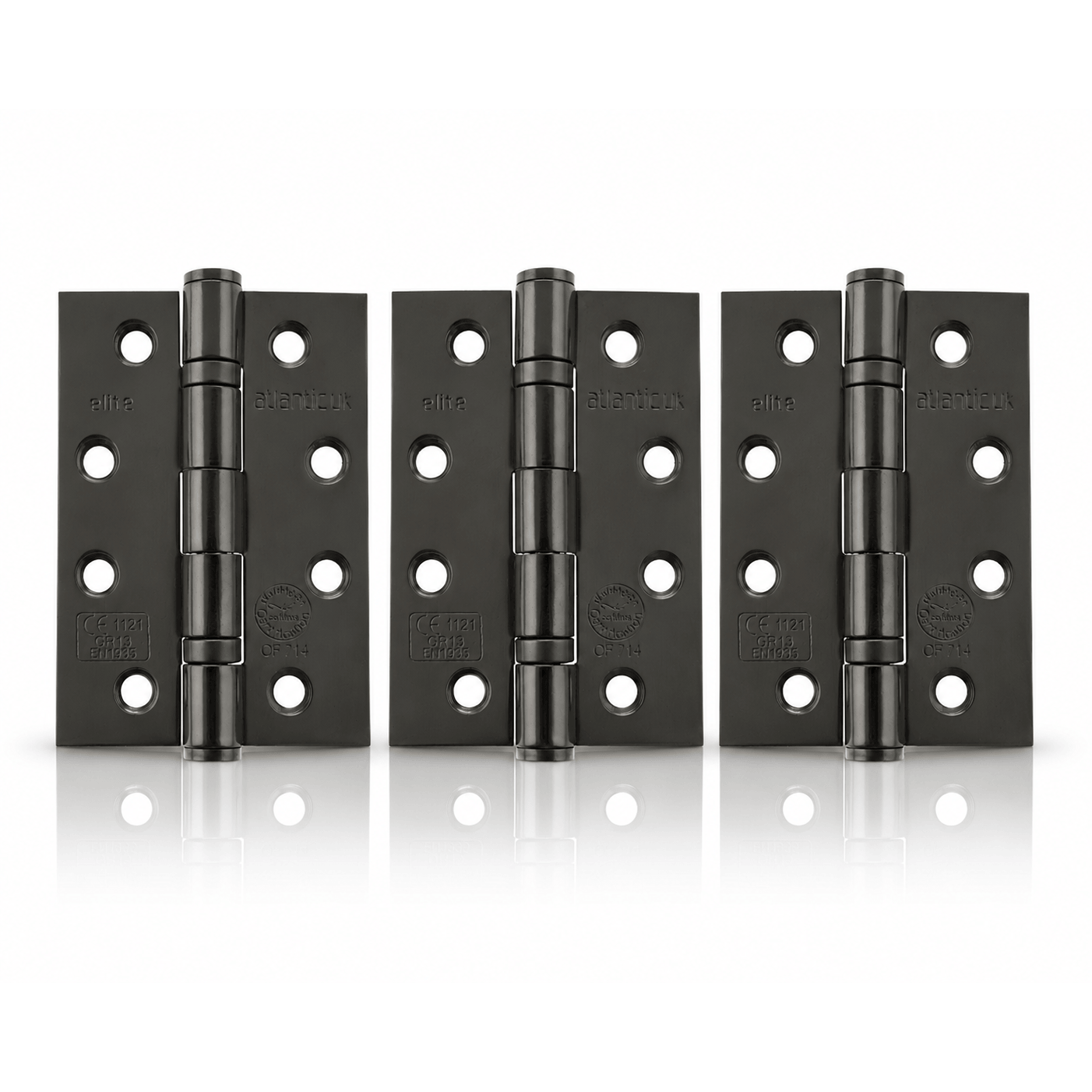 Product set of 3 black nickel 4" but hinges on a white background