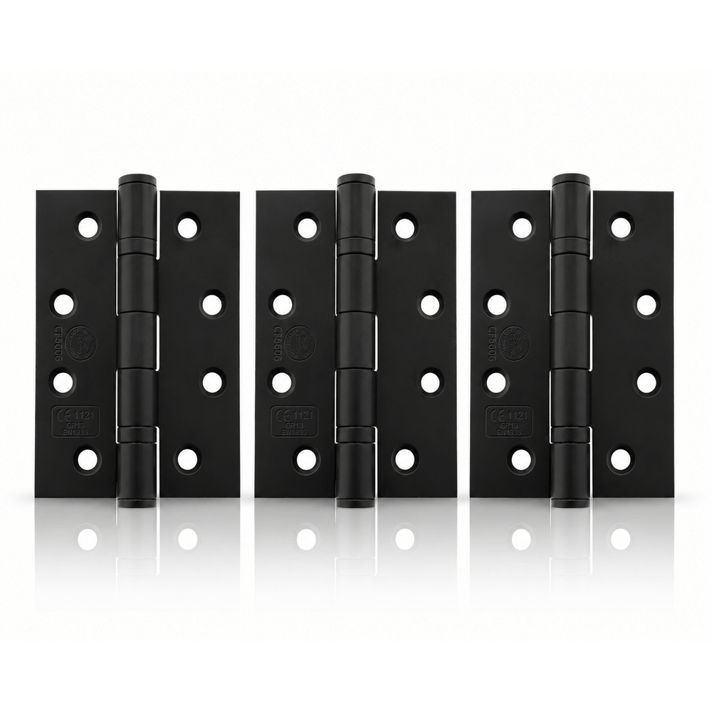 Product set of 3 matt black 4" but hinges on a white background