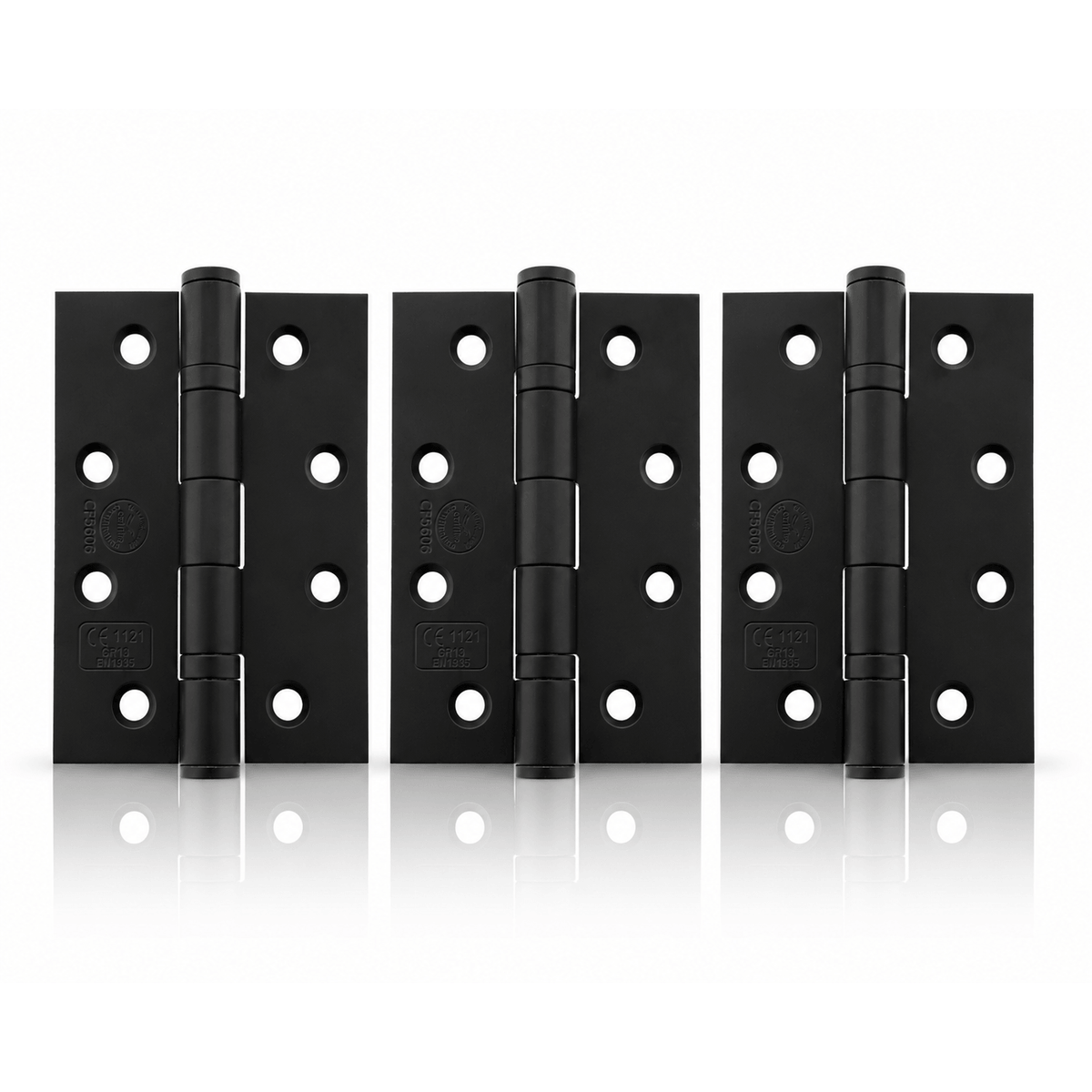 Product set of 3 matt black 4" but hinges on a white background