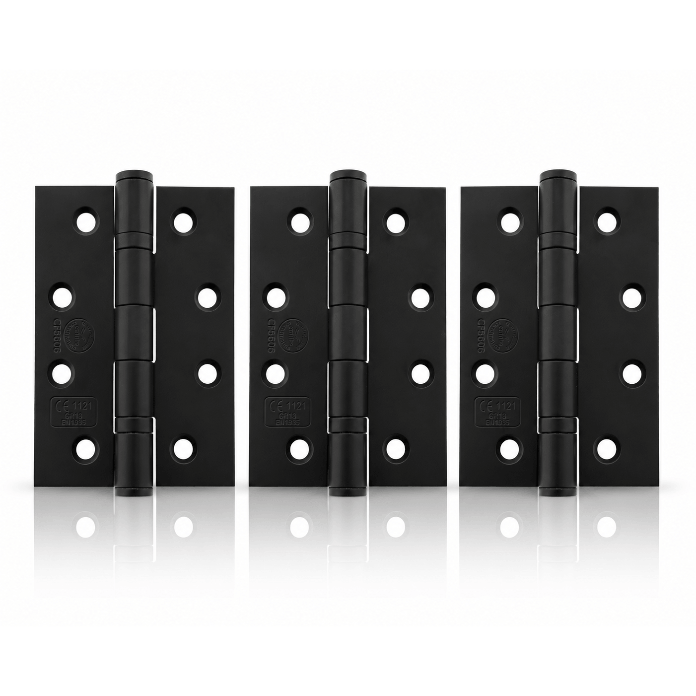 Product set of 3 matt black 4" but hinges on a white background