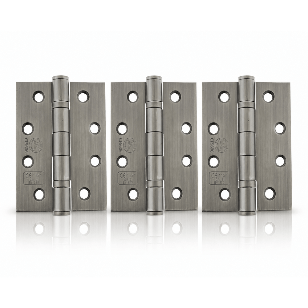 Product set of 3 matt gun metal 4" but hinges on a white background